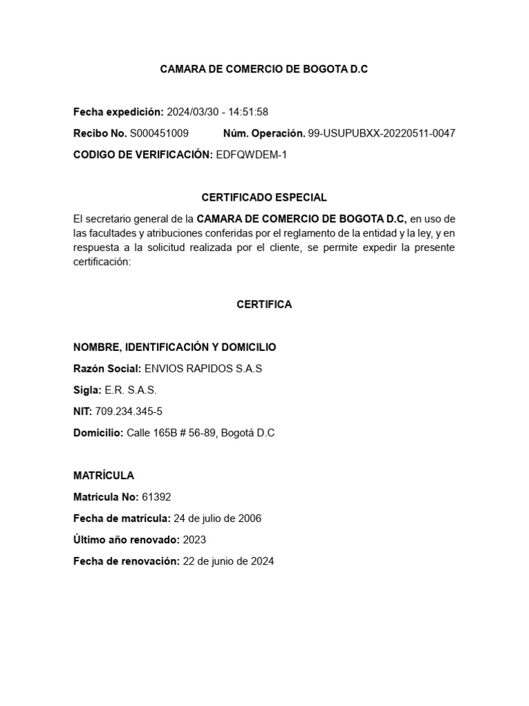 Certificado Especial Cámara de Comercio | PDF