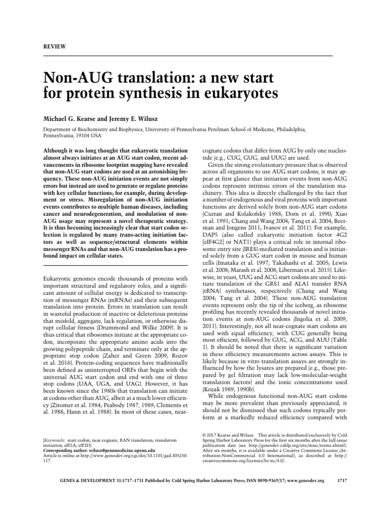 Non-AUG Translation - A New Start For Protein Synthesis in Eukaryotes ...