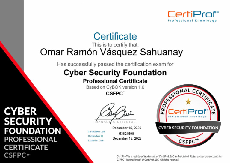 Cyber Security Foundation CSFPC Certificate | PDF