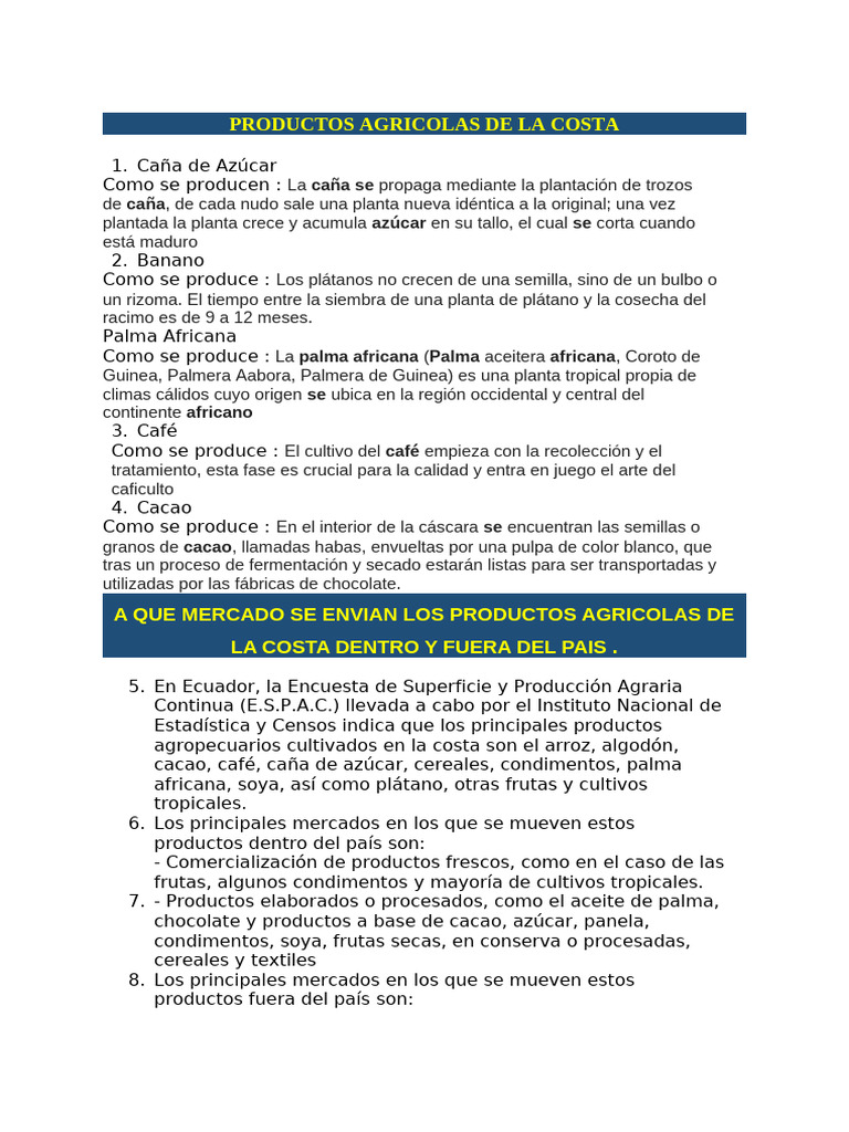 Productos Agrícolas de la Costa Ecuatoriana | PDF
