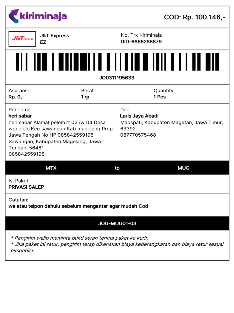 Contoh Resi JNT Non COD | PDF