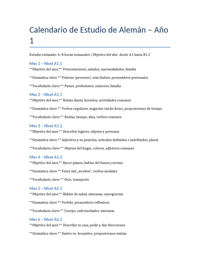 Calendario de Estudio de Alemán A1-B1 | PDF | Idiomas | Estudios de ...