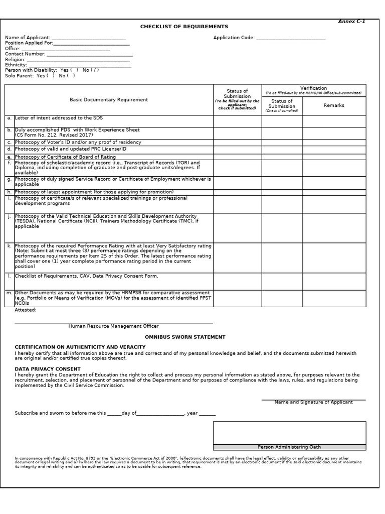 Annex C - Checklist of Requirements - TEACHERS | PDF