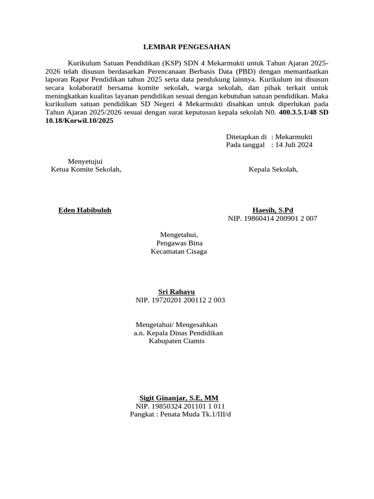 LEMBAR PENGESAHAN Kurikulum | PDF