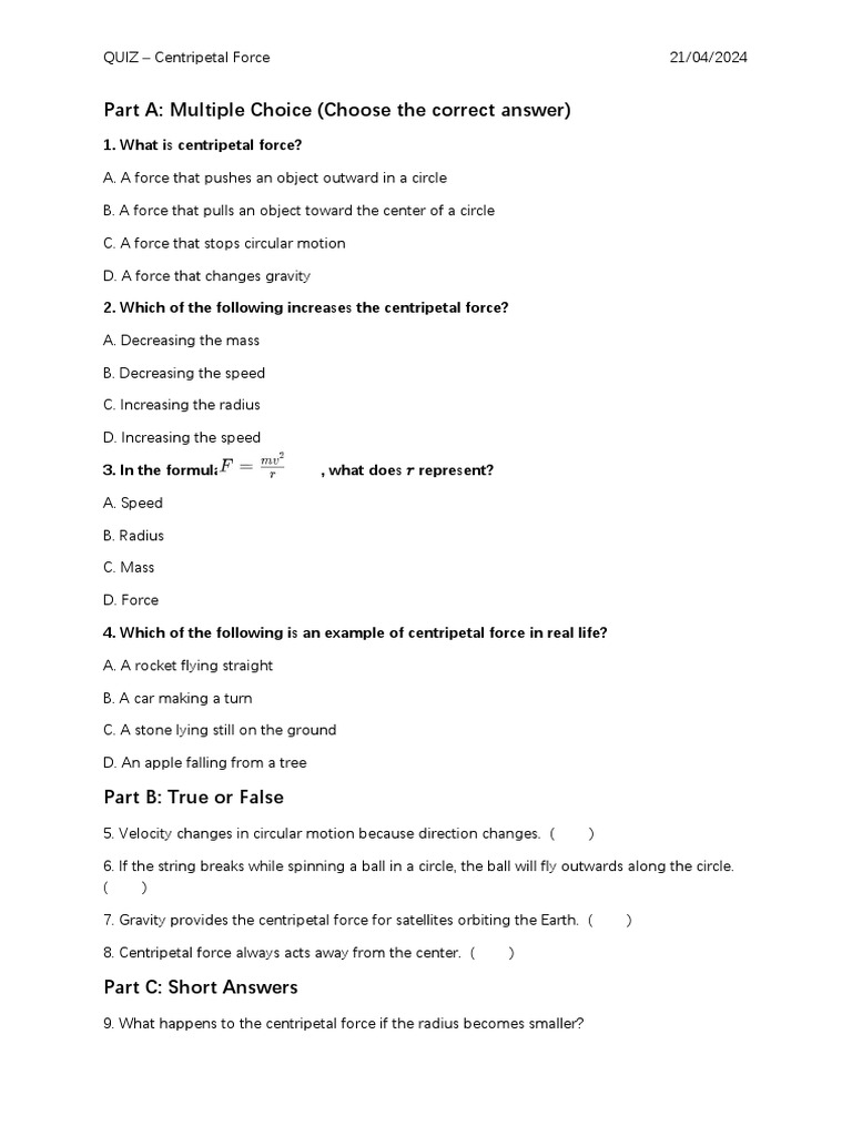 Centripetal Force Quiz and Answers | PDF