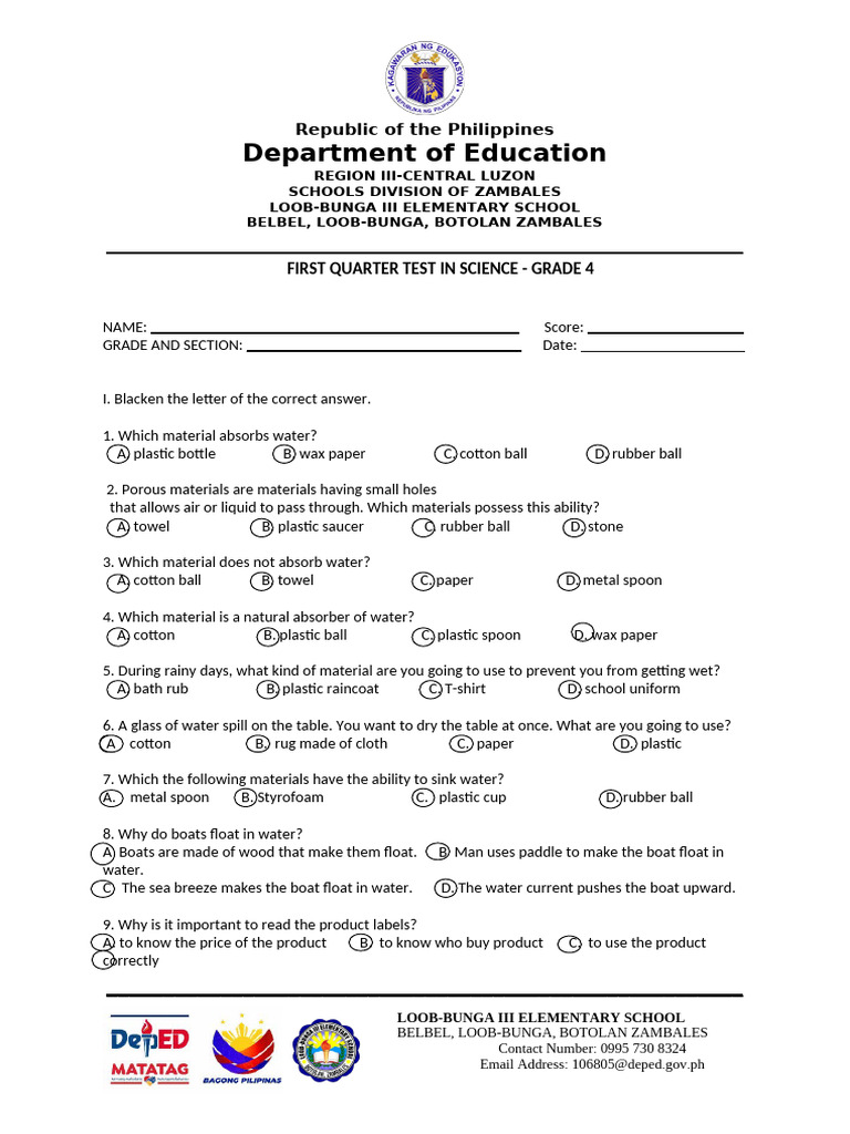 Grade 4 Science Test - Loob-Bunga III | PDF | Waste | Mixture