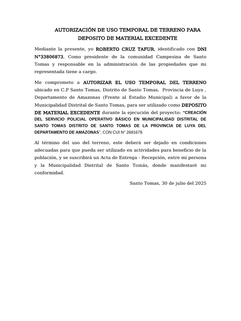 Autorización de Uso Temporal de Terreno para Deposito de Material ...