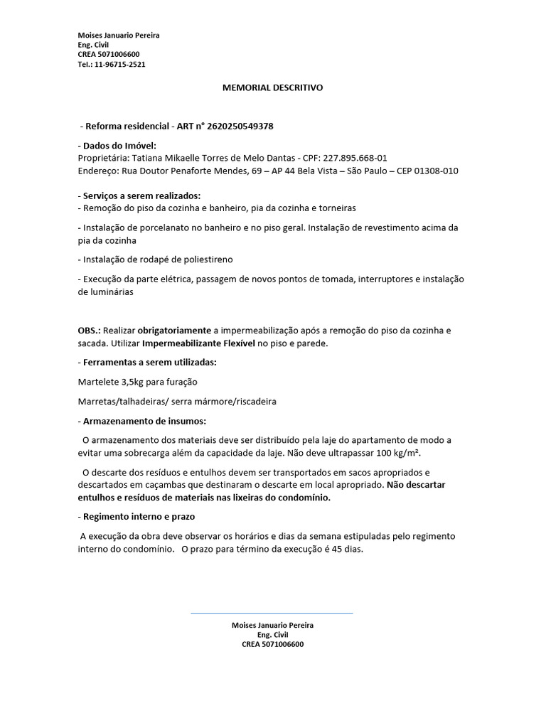 Memorial Descritivo de Reforma Residencial | PDF