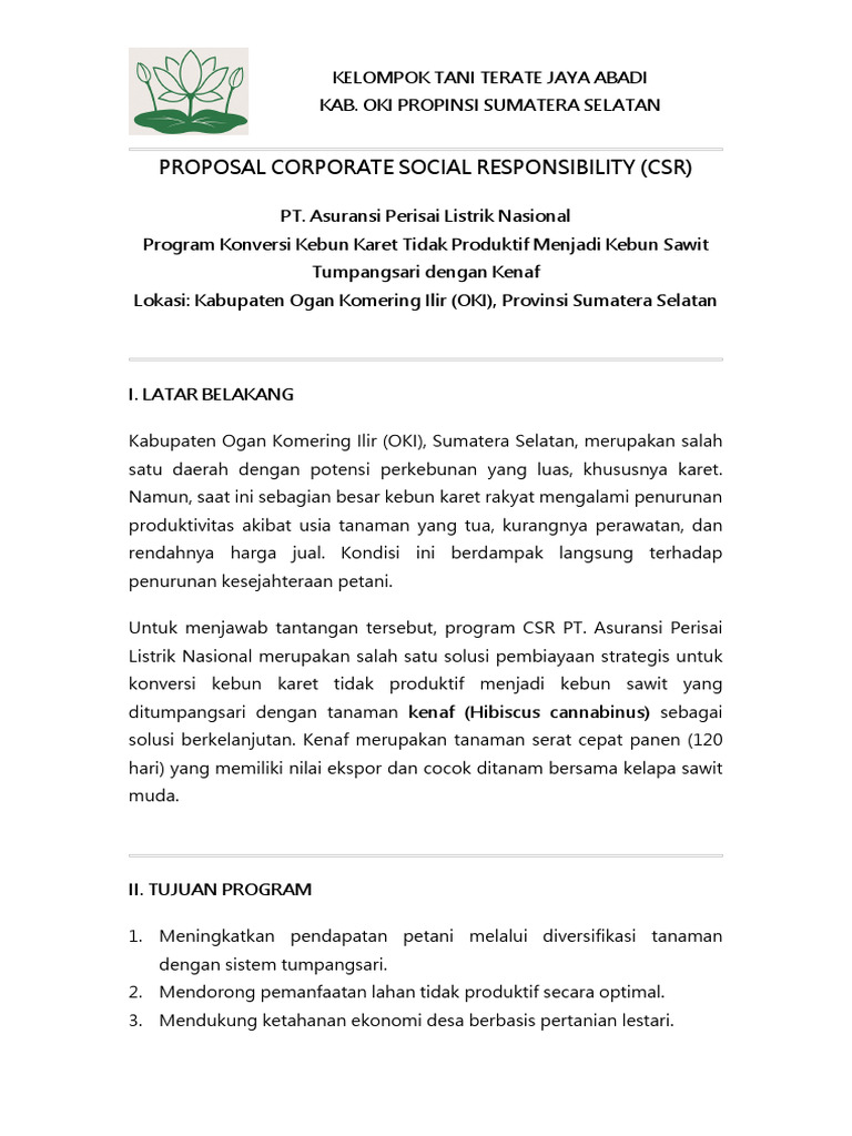 Proposal CSR PT Asuransi PLN Poktan Terate Jaya Abadi Kab Oki | PDF