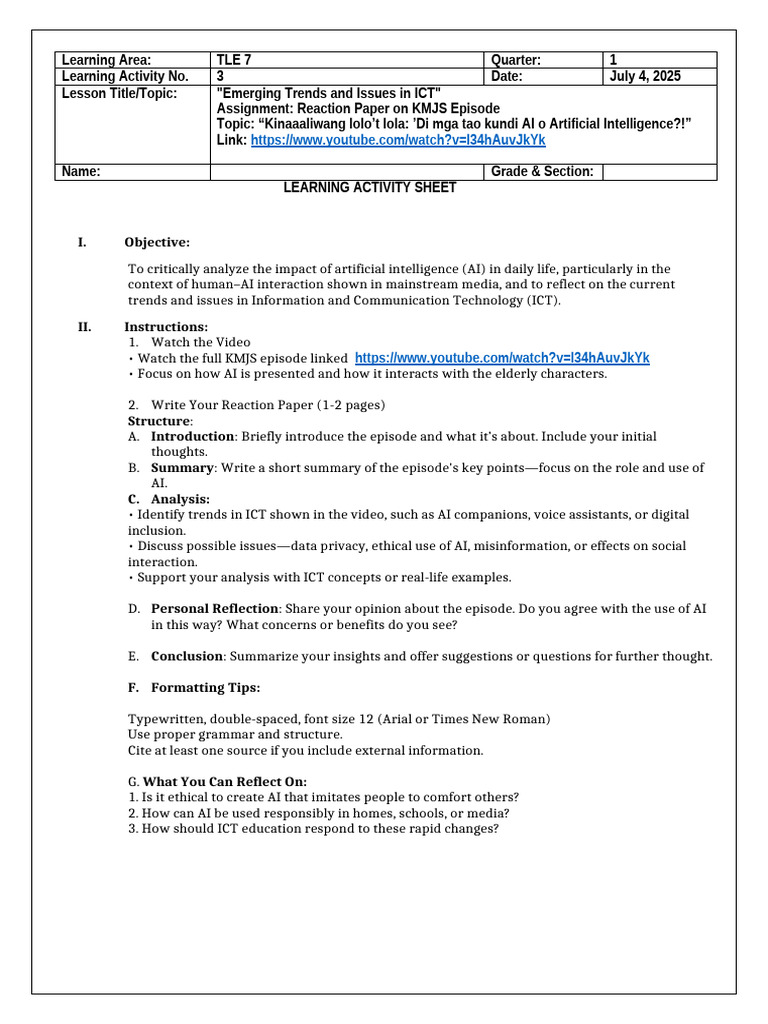 Learning Activity Sheet Activity 3 | PDF | Artificial Intelligence ...