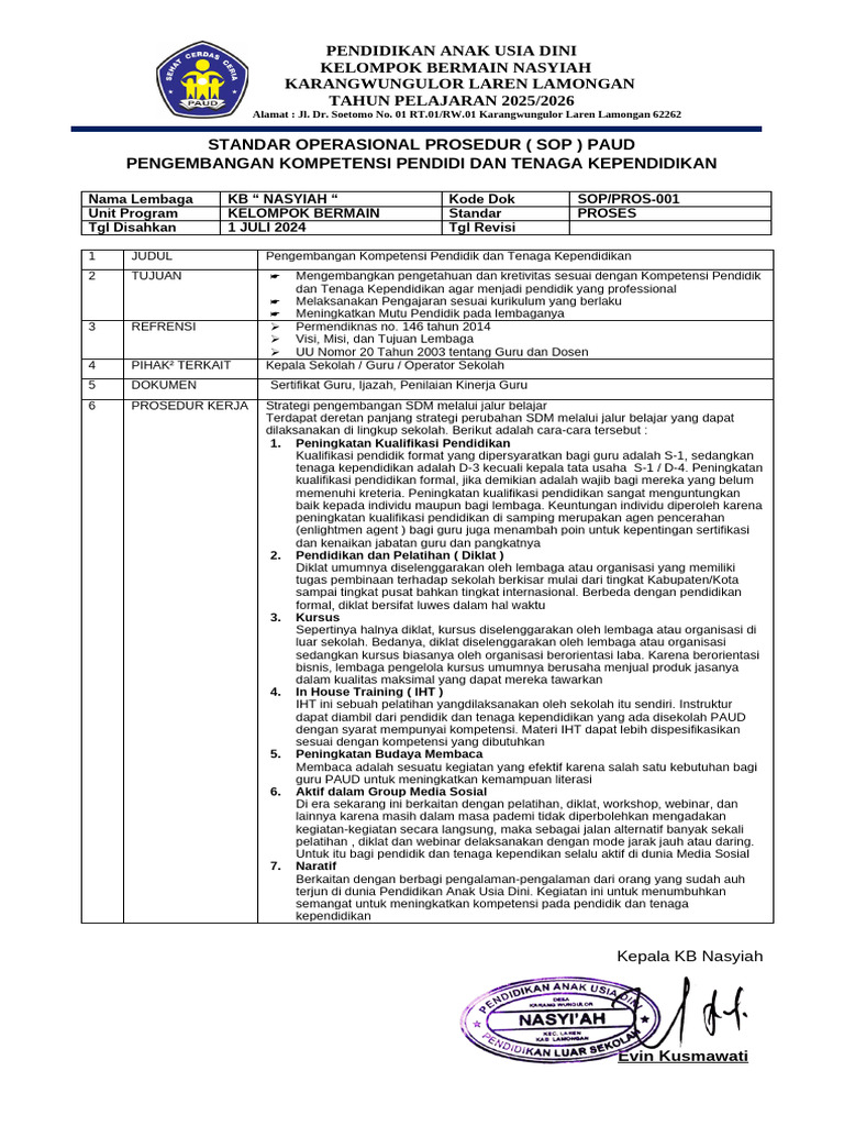 SOP Pengembangan Kompetensi Pendidik PAUD | PDF