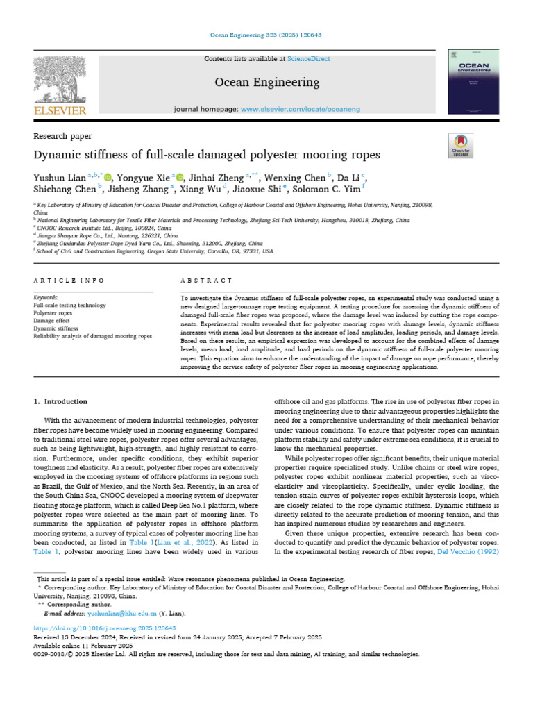 Dynamic Stiffness of Full-Scale Damaged Polyester Mooring Ropes | PDF ...