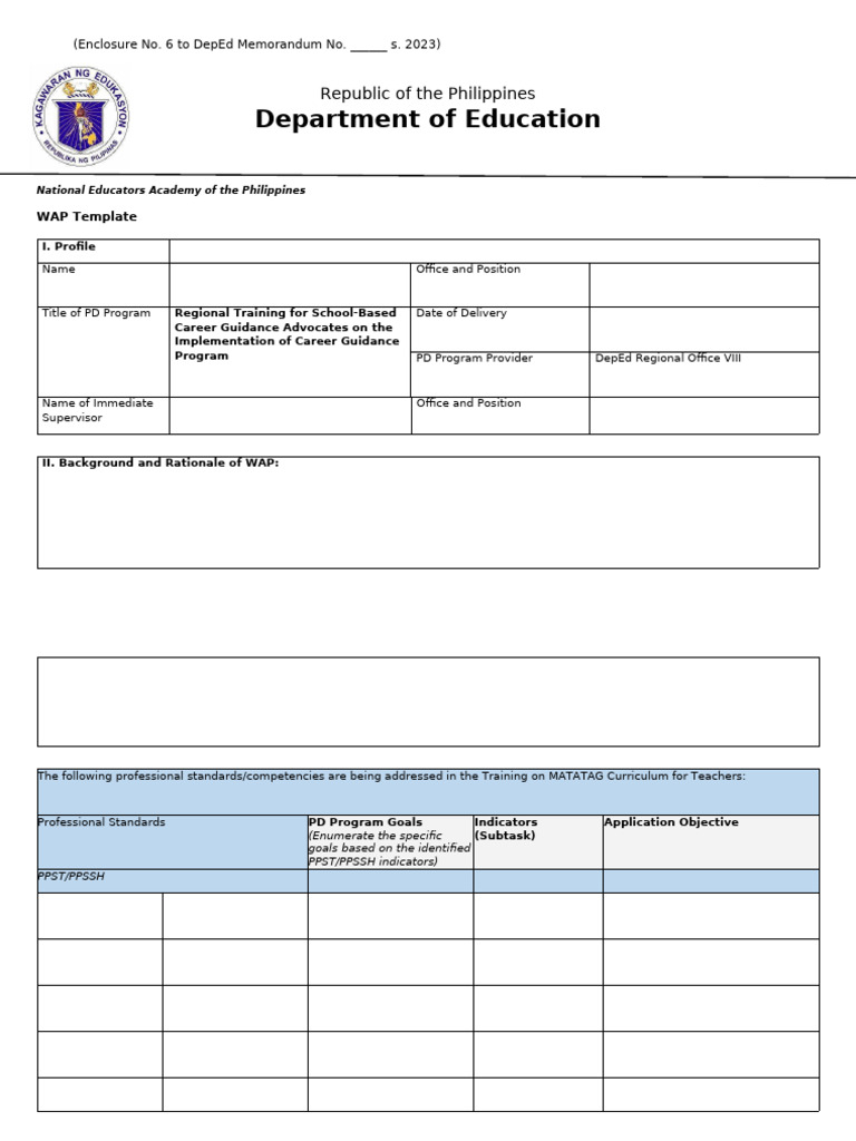 WAP Template for Career Guidance Training | PDF | Teachers | Pedagogy