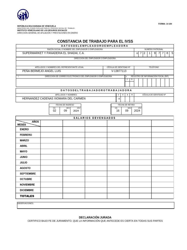 Formato 14-100 IVSS para Llenar | PDF | Autenticación