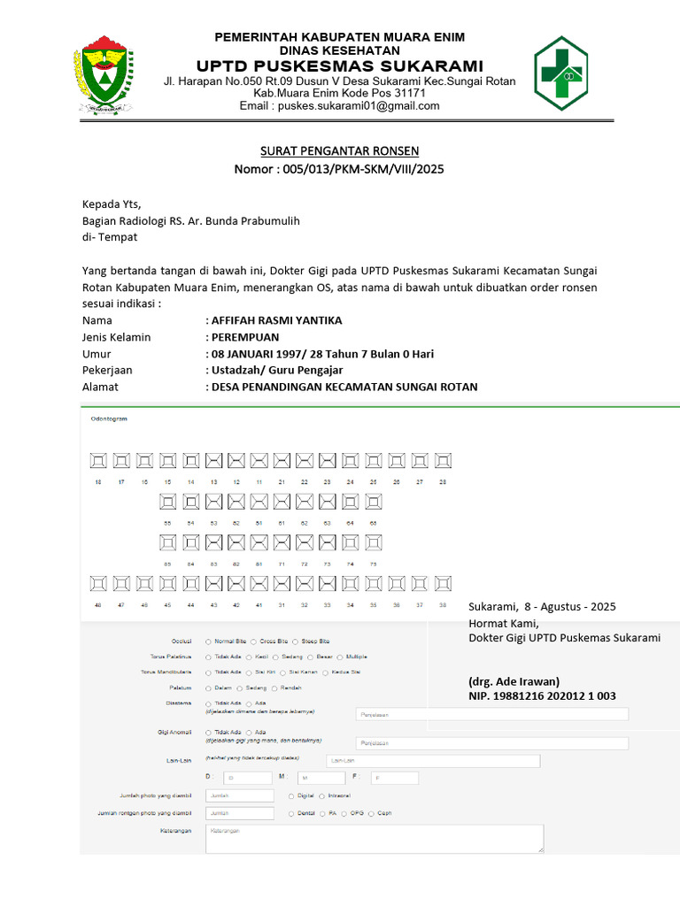 Surat Pengantar Ronsen Puskesmas Sukarami | PDF