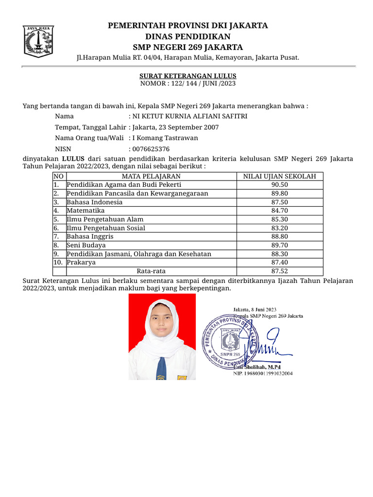 Surat Keterangan Lulus SMP 2023 | PDF