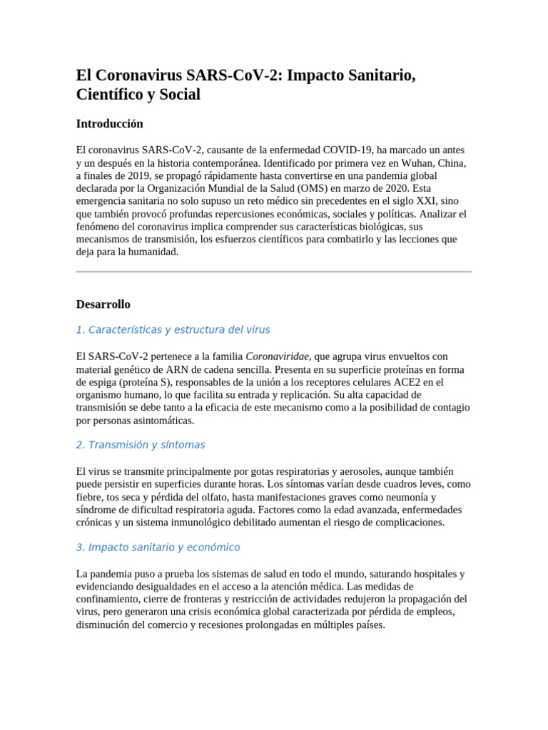 Impacto del SARS-CoV-2 en la sociedad | PDF | Ciencias de la Salud ...