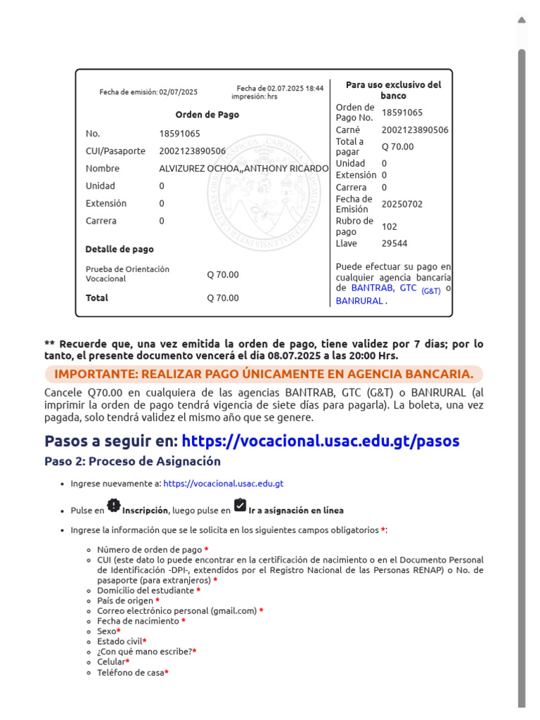 Instrucciones para Pago y Asignación de Prueba | PDF