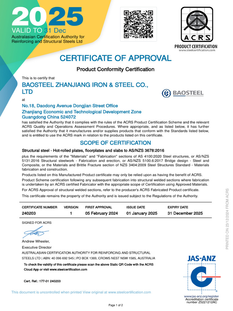 ACRS Certification for BAOSTEEL Products | PDF | Structural Steel | Steel