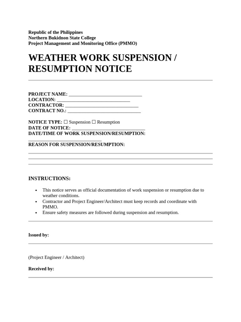 Weather Work Suspension/Resumption Notice | PDF