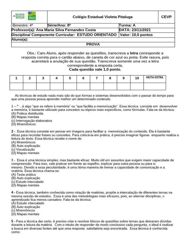 Técnicas de Estudo para 8º Ano | PDF | Aprendizado | Memória