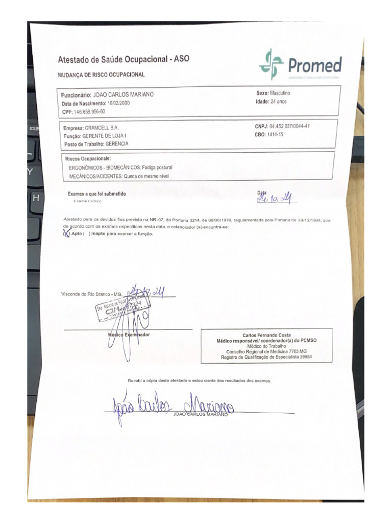 Atestado de Saúde Ocupacional - ASO | PDF