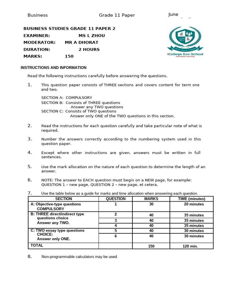 Grade 11 Business Studies Paper 2 Exam | PDF | Franchising | Business ...