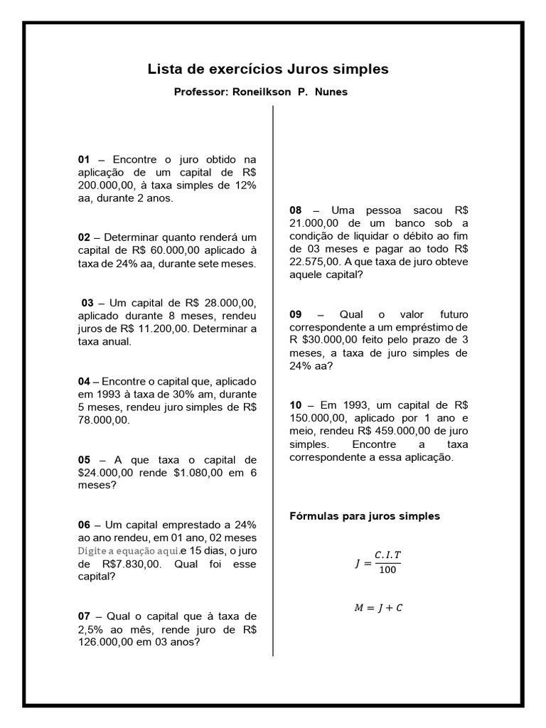 Exercícios de Juros Simples Resolvidos | PDF
