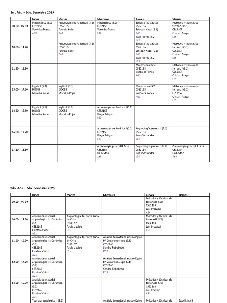 Horario de Clases 2do Semestre 2025 | PDF | Arqueología | Educación en ...