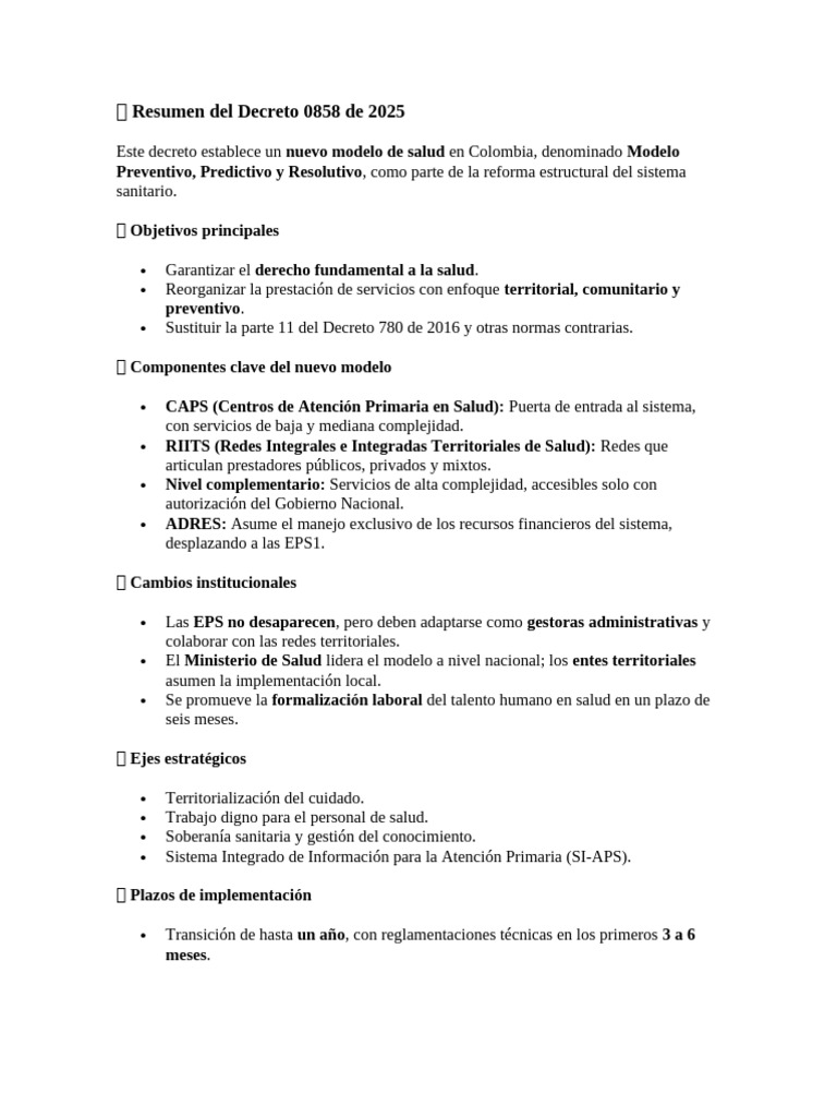 Resumen del Decreto 0858 de 2025 en Salud | PDF