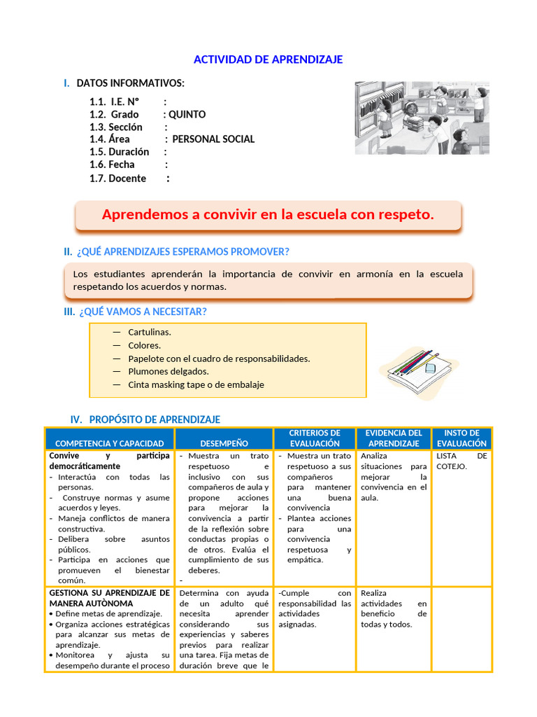 D1 A2 SESION PS Aprendemos A Convivir en La Escuela Con Respeto. | PDF ...