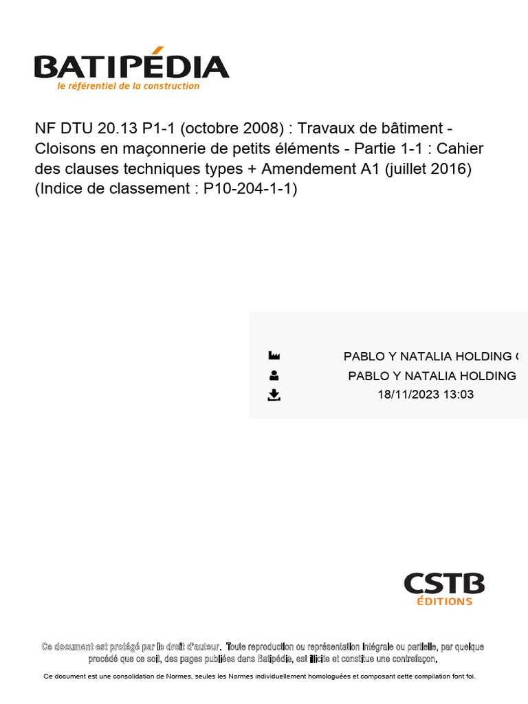 Norme NF DTU 20.13 P1-1 : Cloisons en maçonnerie | PDF | Code de la ...