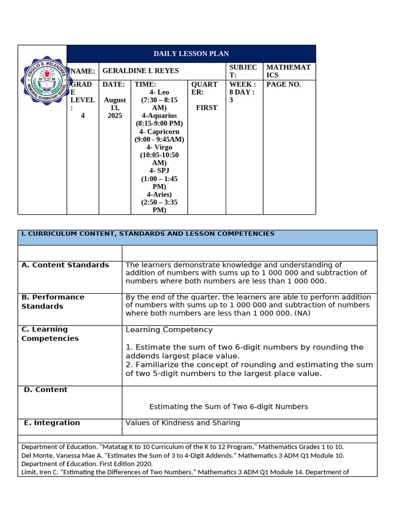 Estimating Sums in Grade 4 Math | PDF | Learning | Behavior Modification