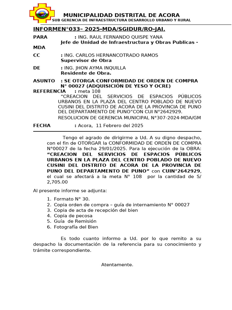 Informe de Conformidad #033 Yeso - Ocre en Bienes | PDF