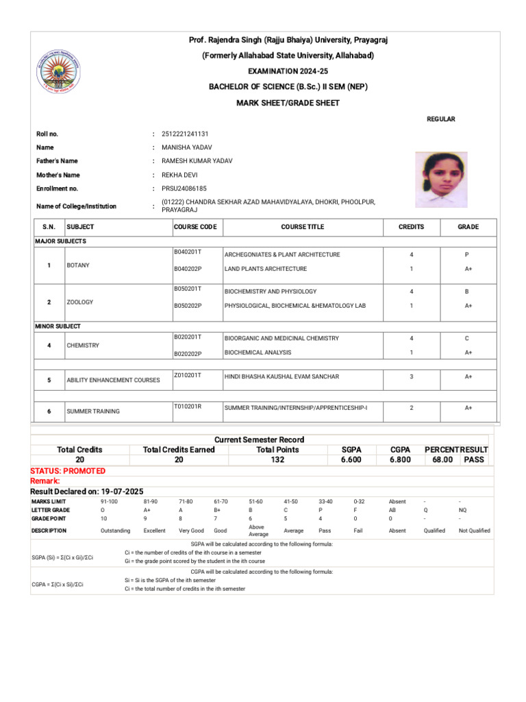 B.Sc. II Sem Mark Sheet 2024-25 | PDF | Biology