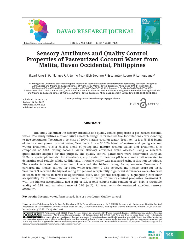 Sensory Quality of Pasteurized Coconut Water | PDF | P Value | Coconut
