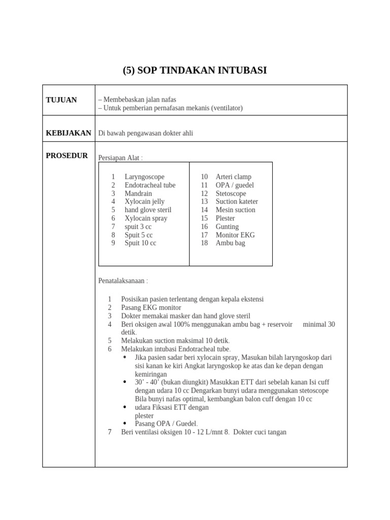 SOP Intubasi untuk Ventilasi Mekanis | PDF