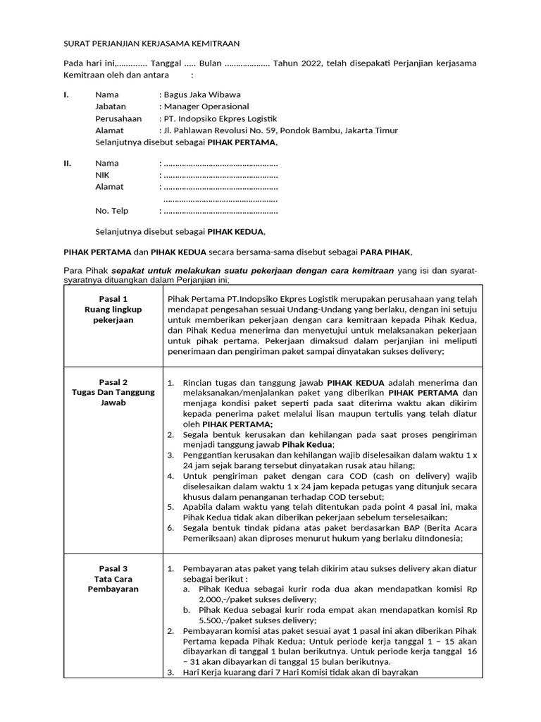 Perjanjian Kemitraan Reguler 2022 Skema Baru | PDF