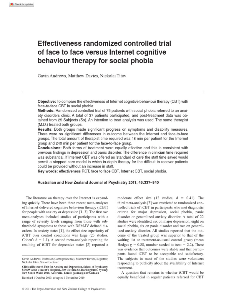 Internet vs Face-to-Face CBT for Social Phobia | PDF | Cognitive ...