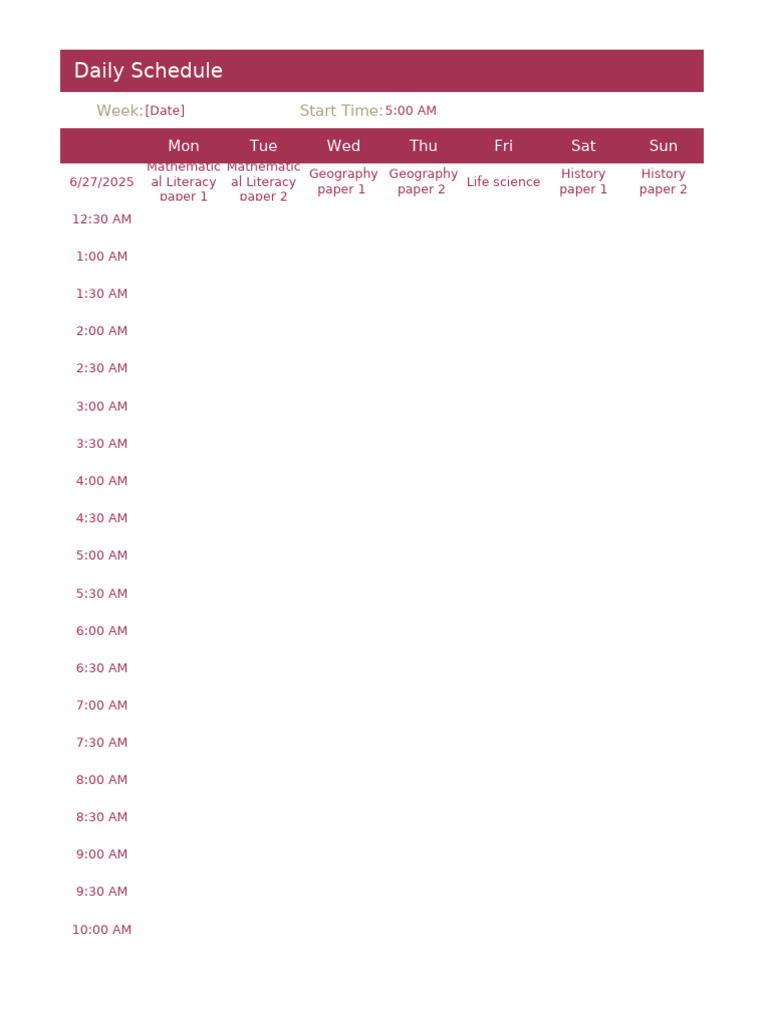 Weekly Study Schedule Template | PDF