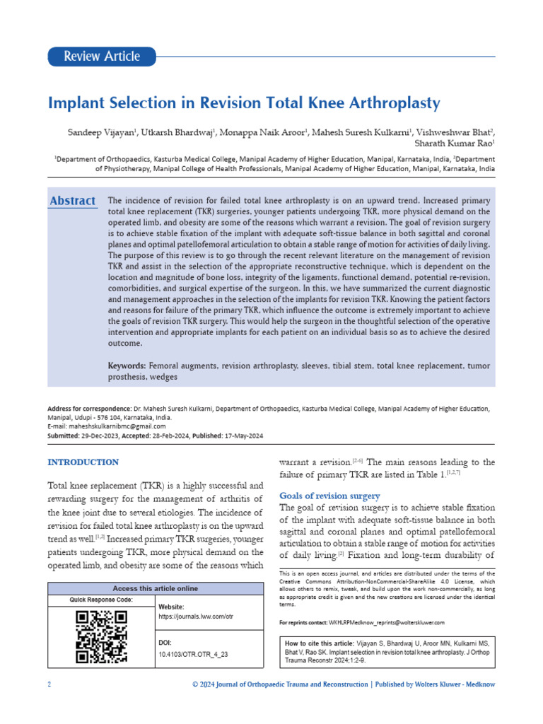 Implant Selection in Revision Total Knee Arthroplasty | PDF | Dental ...