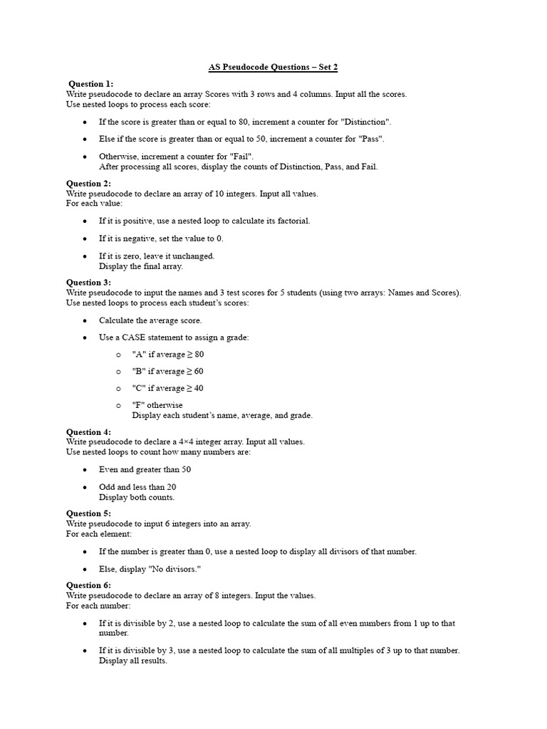 Pseudocode Exercises for Arrays and Loops | PDF | Mathematics | Arithmetic