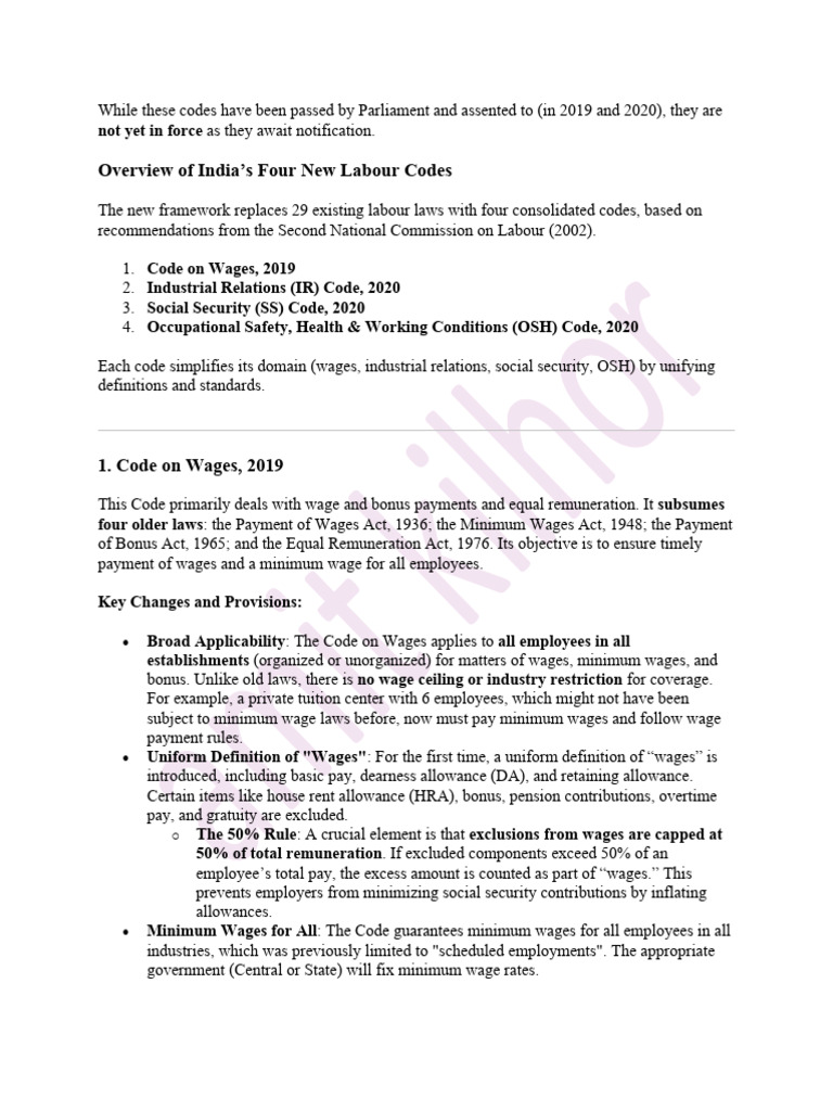 Overview of India's New Labour Codes | PDF | Employment | Wage