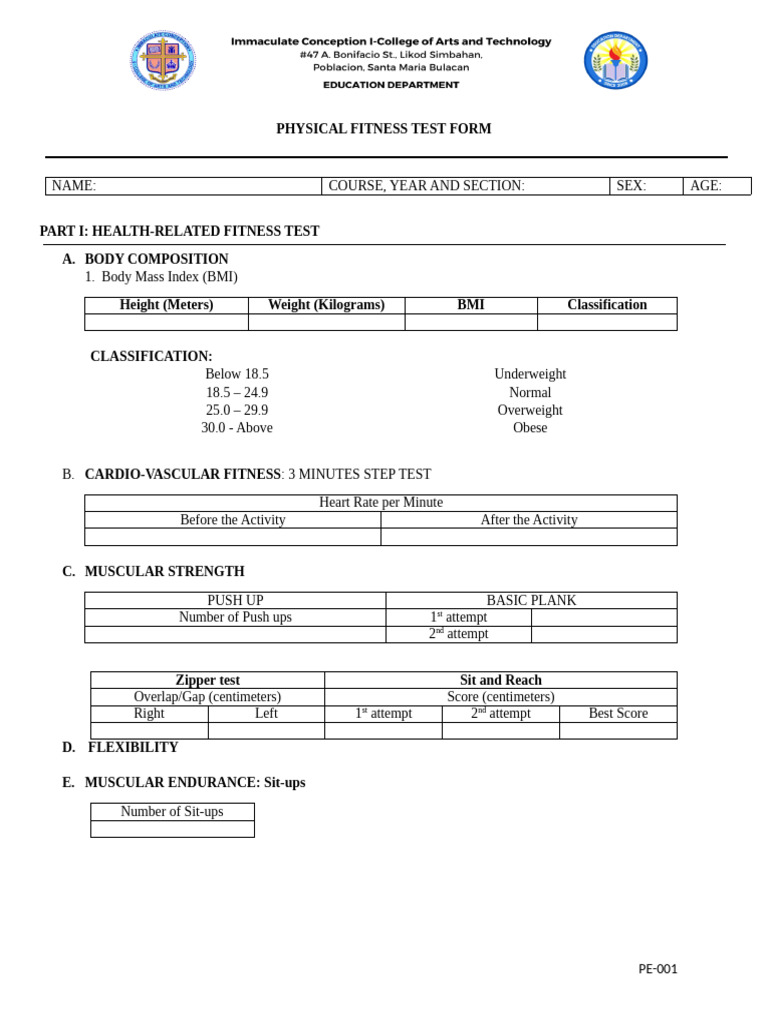 Physical Fitness Test Form Template | PDF | Body Mass Index | Physical ...