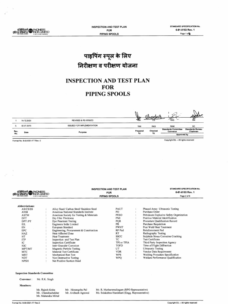 Inspection and Test Plan for Piping Spools | PDF | Nondestructive ...