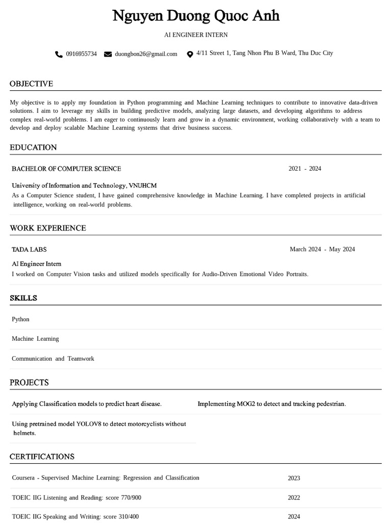 AI Engineer Intern Resume | PDF