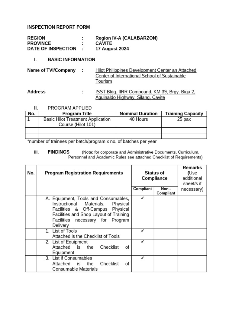 Hilot Training Program Inspection Report | PDF