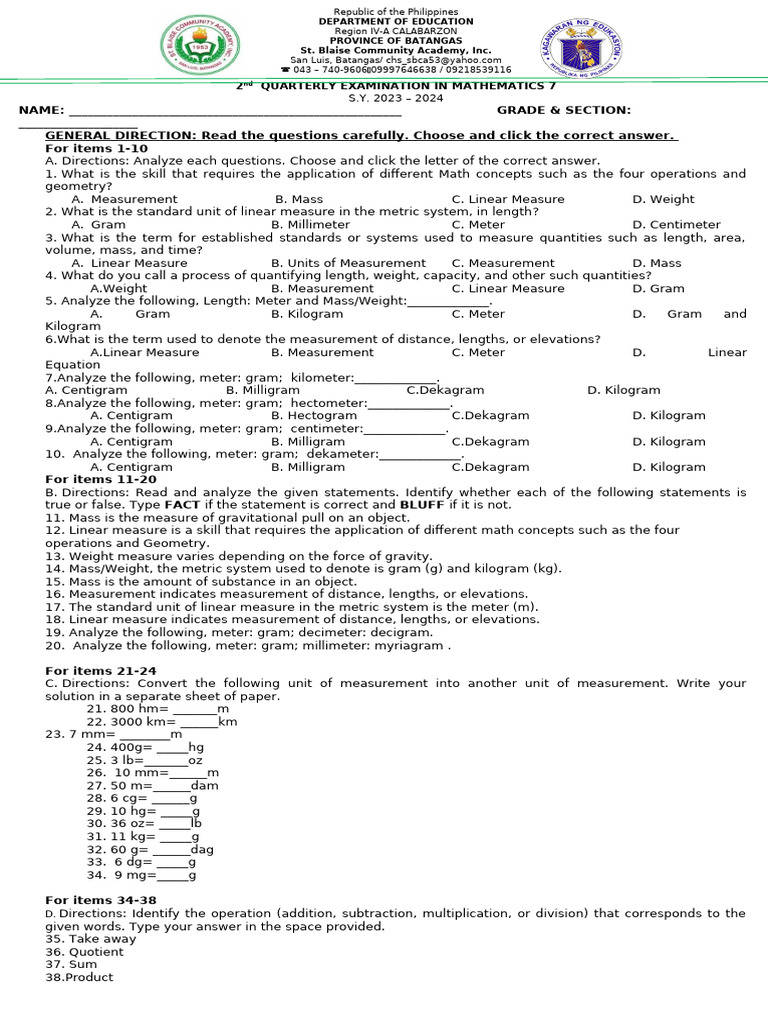 Grade 7 Math 2nd Quarter Exam 2023-2024 | PDF | Measurement | Kilogram