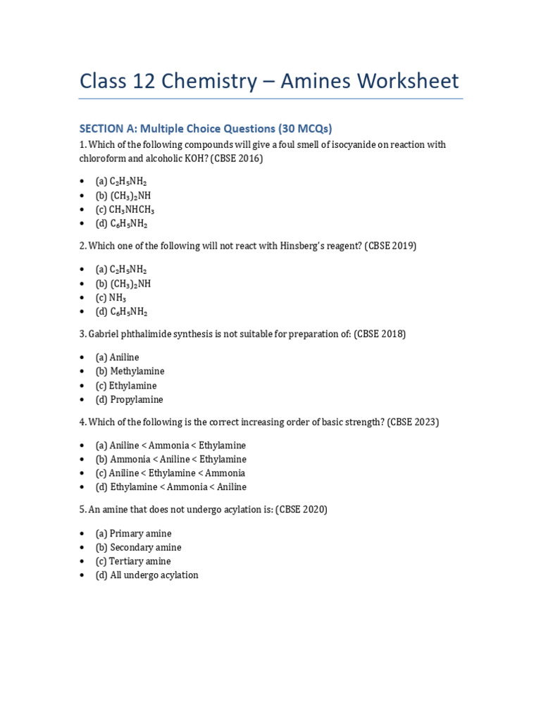 Class 12 Amines Worksheet | PDF | Amine | Organic Compounds