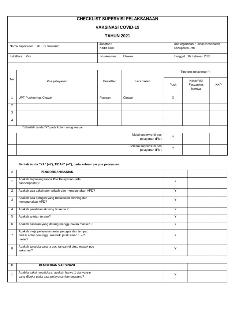 Checklist Supervisi Pelaksanaan Imunisasi COVID-19 FINAL 3 Feb 2021 | PDF
